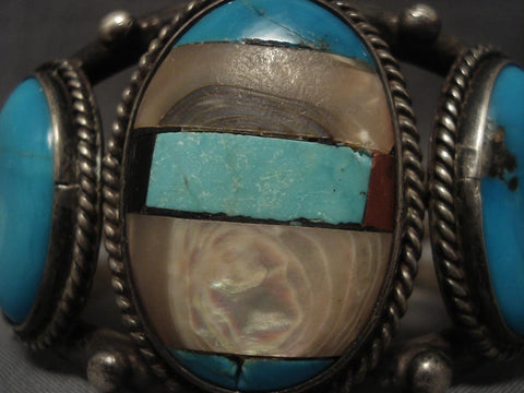 Chunky Vintage Navajo Channel Inlay Turquoise Silver Bracelet