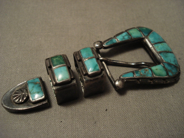 Early 1900's Vintage Zuni Cerrillos Turquoise Blue Gem Silver Buckle Set