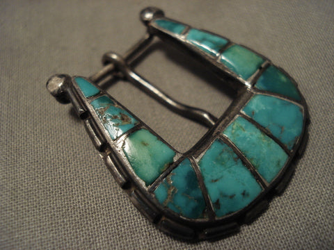 Early 1900's Vintage Zuni Cerrillos Turquoise Blue Gem Silver Buckle Set