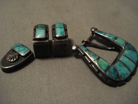 Early 1900's Vintage Zuni Cerrillos Turquoise Blue Gem Silver Buckle Set