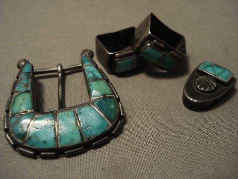 Early 1900's Vintage Zuni Cerrillos Turquoise Blue Gem Silver Buckle Set