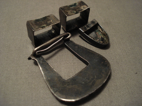 Early 1900's Vintage Zuni Cerrillos Turquoise Blue Gem Silver Buckle Set