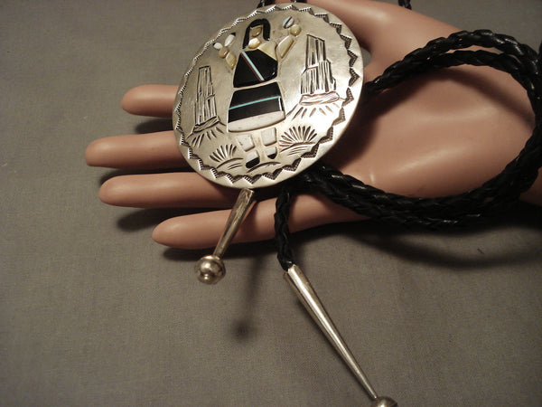 Huge Vintage Navajo 'Native Woman' Turquoise Silver Bolo Tie