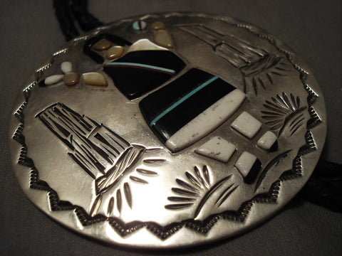 Huge Vintage Navajo 'Native Woman' Turquoise Silver Bolo Tie