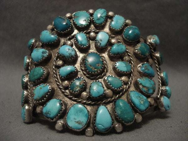 Very Old Vintage Navajo Green And Blue Turquoise Silver Bracelet