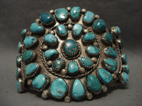 Very Old Vintage Navajo Green And Blue Turquoise Silver Bracelet