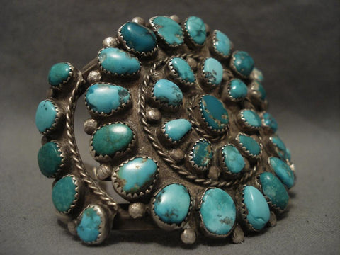 Very Old Vintage Navajo Green And Blue Turquoise Silver Bracelet