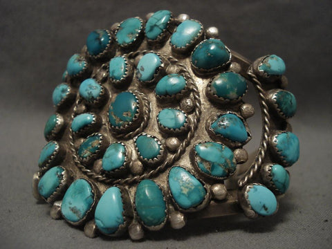 Very Old Vintage Navajo Green And Blue Turquoise Silver Bracelet