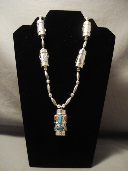 Museum Vintage Navajo 'Handmade Drum' Turquoise Coral Silver Chiming Necklace