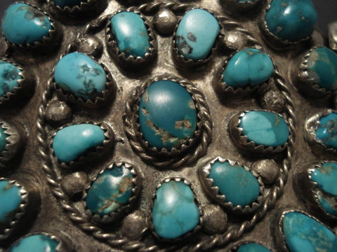 Very Old Vintage Navajo Green And Blue Turquoise Silver Bracelet