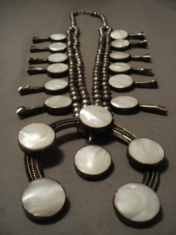 The Buiggest And Best Vintage Navajo Mother Pearl Silver Squash Blossom Necklace