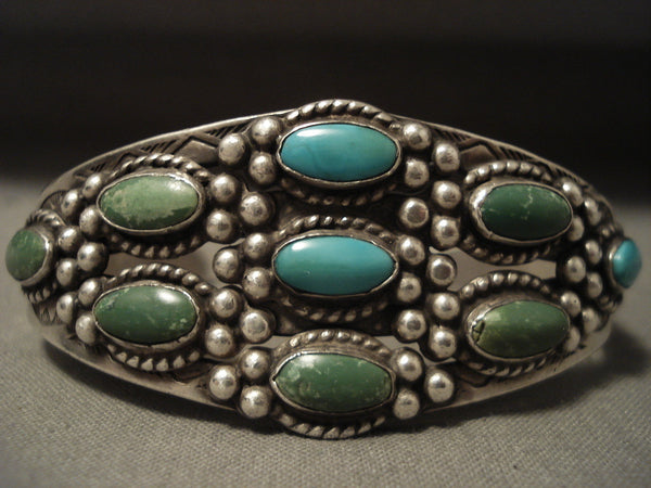 Earlier Vintage Navajo 'Cerrillos And Blue Gem' Turquoise Silver Bracelet