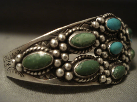 Earlier Vintage Navajo 'Cerrillos And Blue Gem' Turquoise Silver Bracelet