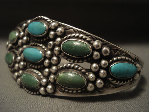 Earlier Vintage Navajo 'Cerrillos And Blue Gem' Turquoise Silver Bracelet