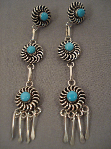 Incredibly Long Vintage Zuni Wagonwheel Turquoise Silver Earrings