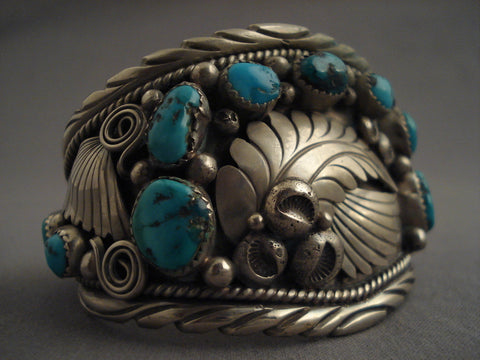 Museum Vintage feather Leaf Silver Turquoise Bracelet