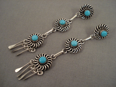 Incredibly Long Vintage Zuni Wagonwheel Turquoise Silver Earrings