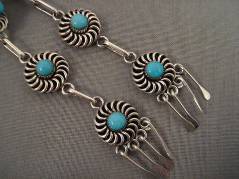 Incredibly Long Vintage Zuni Wagonwheel Turquoise Silver Earrings