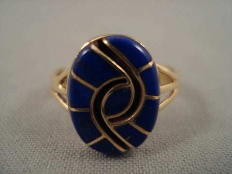 Very Rare Vintage Zuni 'Swirling Lapis' Solid 14k Gold Ring Old