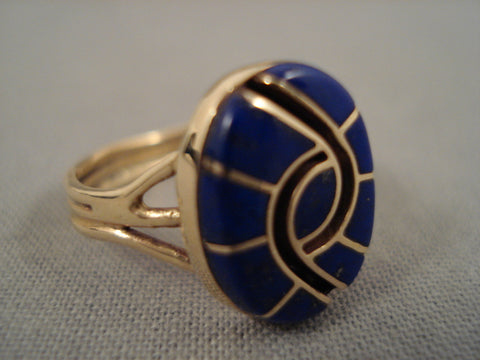 Very Rare Vintage Zuni 'Swirling Lapis' Solid 14k Gold Ring Old