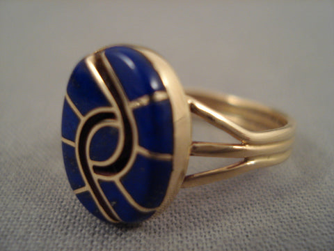 Very Rare Vintage Zuni 'Swirling Lapis' Solid 14k Gold Ring Old