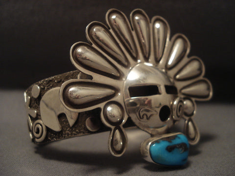 Huge Vintage Navajo Kachina Bisbee Turquoise Silver Bracelet Old Vtg Cuff