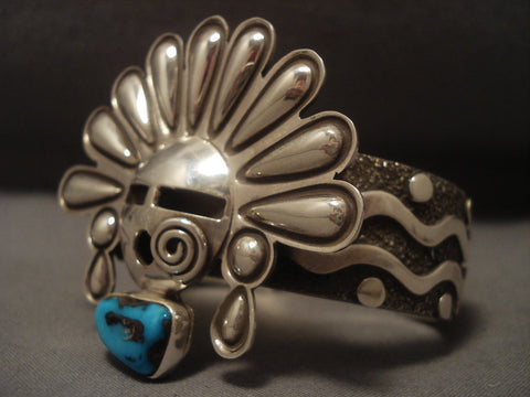 Huge Vintage Navajo Kachina Bisbee Turquoise Silver Bracelet Old Vtg Cuff