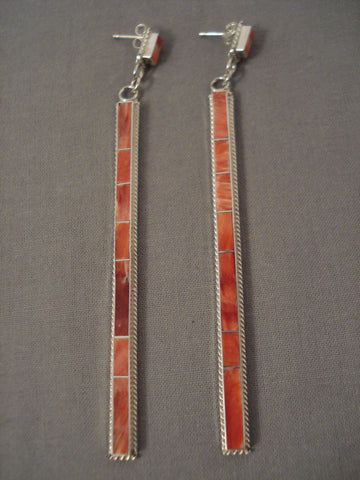 One Of The Longest Zuni Spiny Oyster Silver Earrings