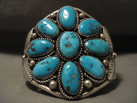 Big Old Vintage Navajo Platero Turquoise Flower Silver Bracelet Old