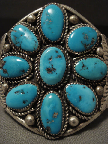 Big Old Vintage Navajo Platero Turquoise Flower Silver Bracelet Old