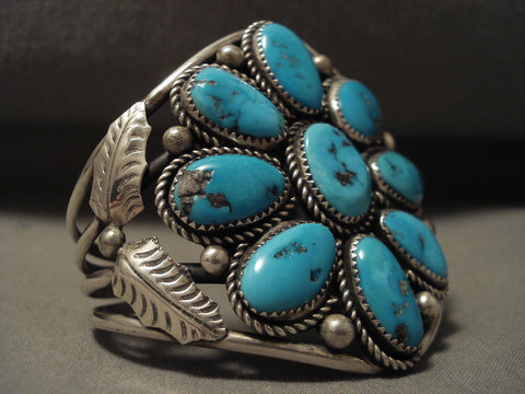 Big Old Vintage Navajo Platero Turquoise Flower Silver Bracelet Old