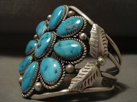 Big Old Vintage Navajo Platero Turquoise Flower Silver Bracelet Old