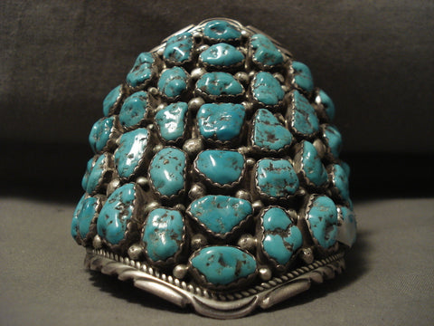 Whopping Vintage Navajo Towering Turquoise Nugget Silver Bracelet Old