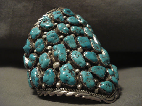 Whopping Vintage Navajo Towering Turquoise Nugget Silver Bracelet Old