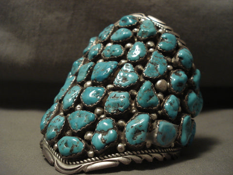 Whopping Vintage Navajo Towering Turquoise Nugget Silver Bracelet Old