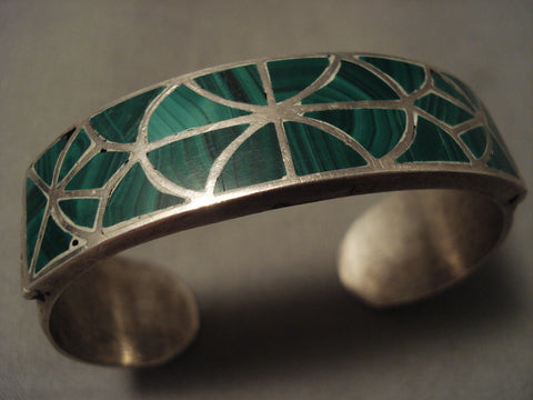 Earlier Vintage Navajo Ingot Silver 999 Solid Malachite Silver Bracelet