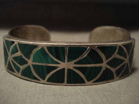 Earlier Vintage Navajo Ingot Silver 999 Solid Malachite Silver Bracelet