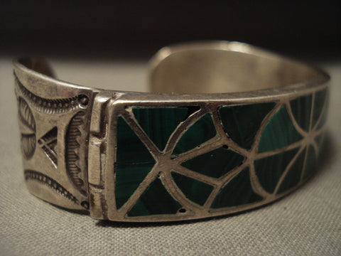 Earlier Vintage Navajo Ingot Silver 999 Solid Malachite Silver Bracelet