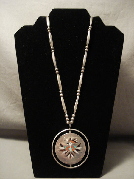 The Best Vintage Zuni 'Rotating Medallion' Silver Inlaid Necklace Old Antique