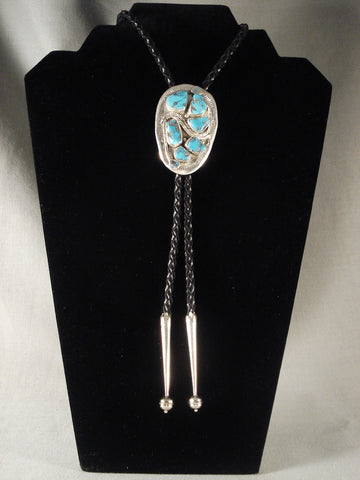 Unique Vintage Zuni Snake Turquoise Silver Bolo Tie