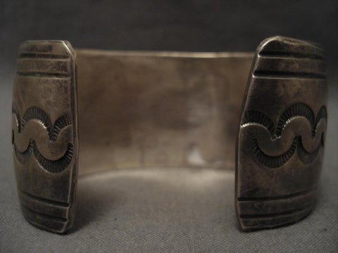 Big And Old Vintage Navajo Starred Shadowbox Silver Bracelet