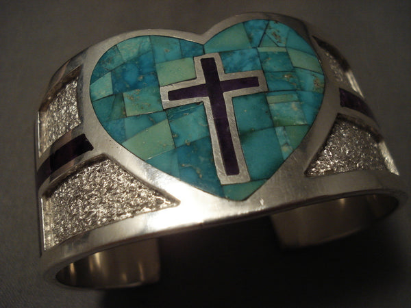 Important Navajo Tommy Moore Natural Turquoise Sugulite Cross Silver Bracelet