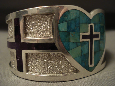Important Navajo Tommy Moore Natural Turquoise Sugulite Cross Silver Bracelet