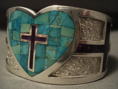 Important Navajo Tommy Moore Natural Turquoise Sugulite Cross Silver Bracelet