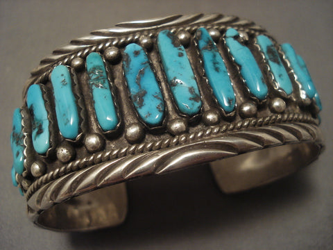 Very Rare Vintage Navajo long Turquoise Silver Bracelet Old Sterling Vtg