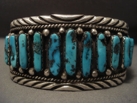 Very Rare Vintage Navajo long Turquoise Silver Bracelet Old Sterling Vtg