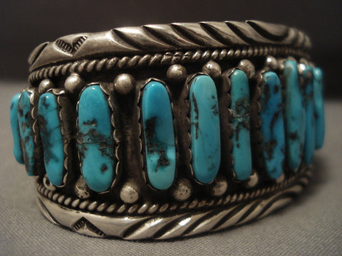 Very Rare Vintage Navajo long Turquoise Silver Bracelet Old Sterling Vtg