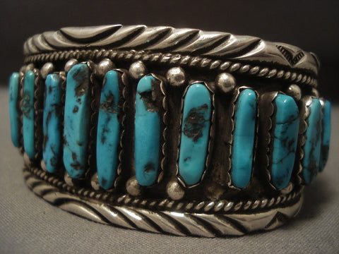 Very Rare Vintage Navajo long Turquoise Silver Bracelet Old Sterling Vtg