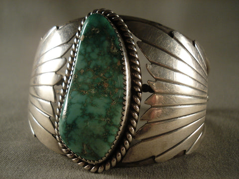 Huge Vintage Navajo Green Turquoise Silver Bracelet Old