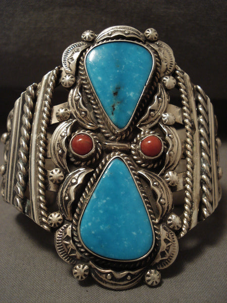 Colossal 100 Grams Modernistic Navajo Turquoise Coral Silver Bracelet